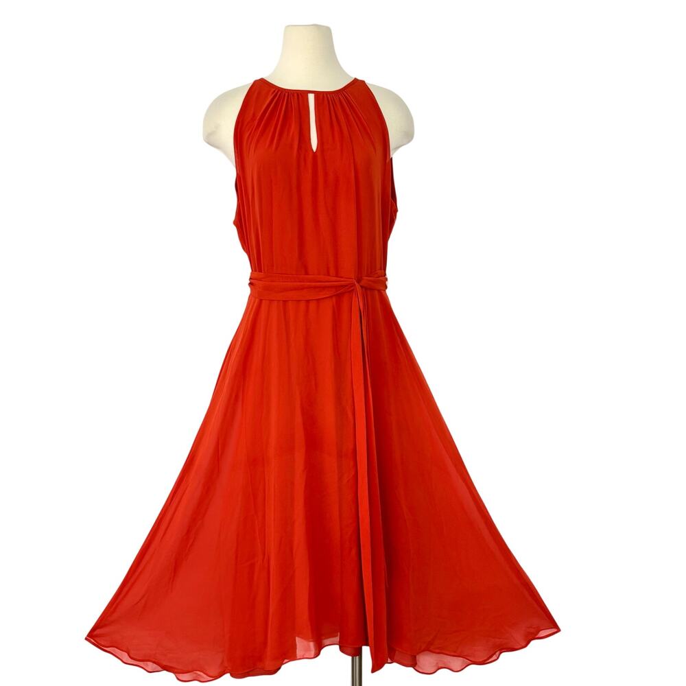 Tahari Sleeveless Belted Midi Dress Chiffon Fit and Flare in Spicy Orange 14 NWT